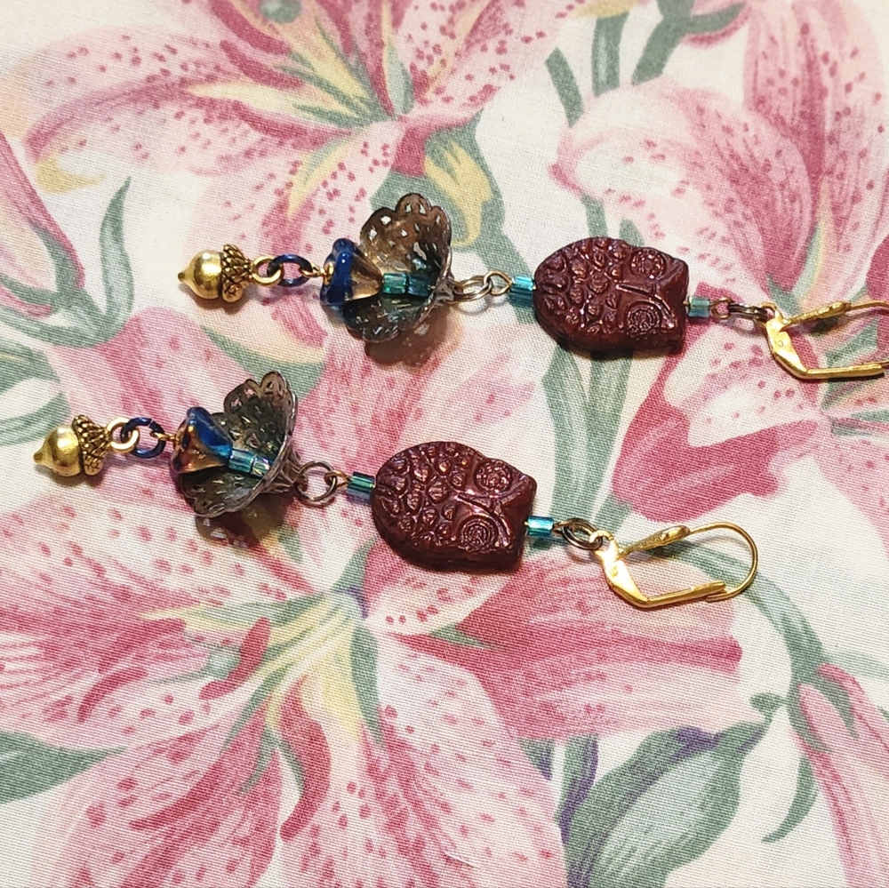Artisan🦉OWL Earrings Handmade Floral Dangle Drop Bird Lover Leverback Acorn New